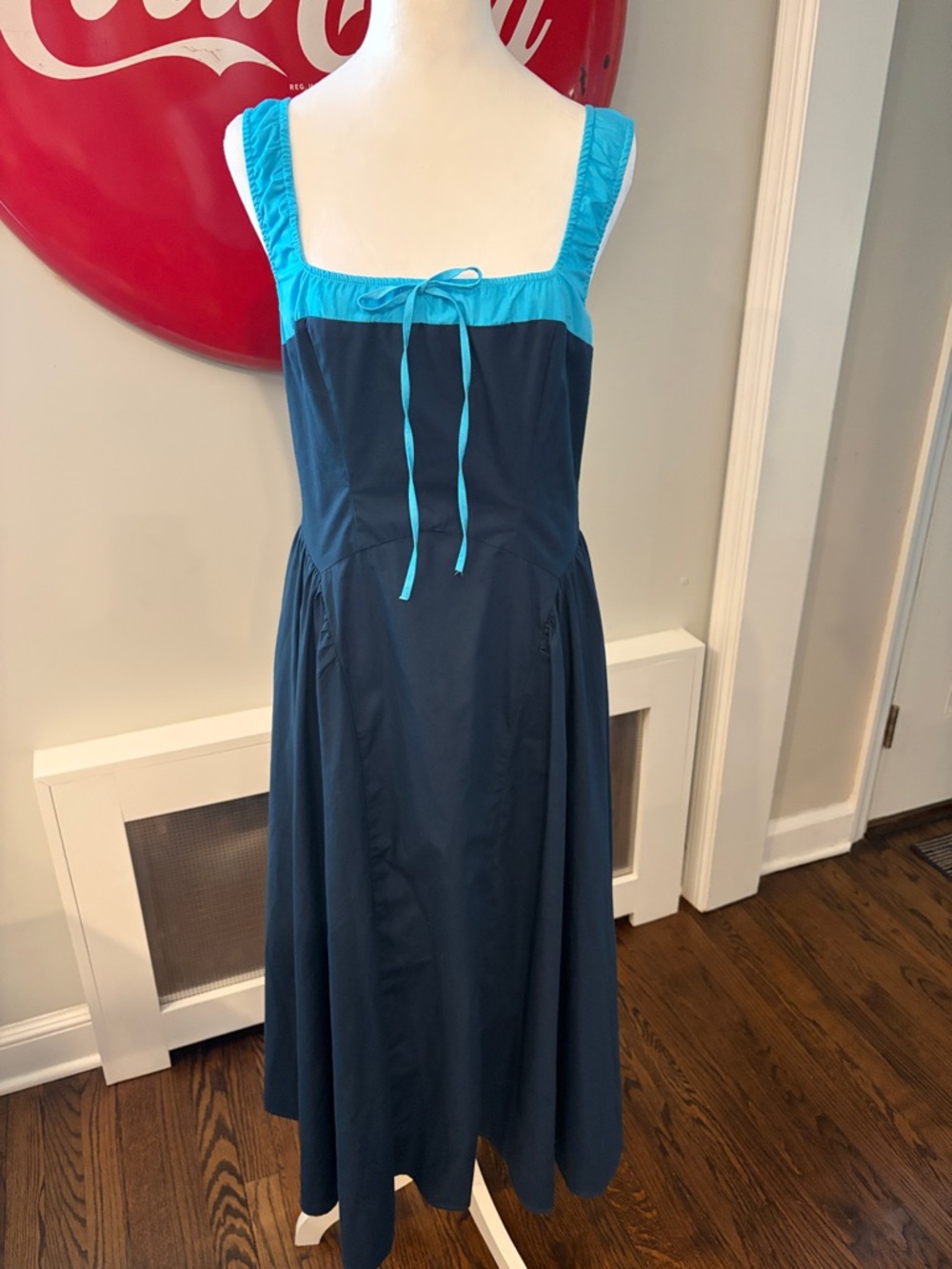 Moon River Navy and Turquoise Cotton Blend Maxi Sundress Square Neckline Size L